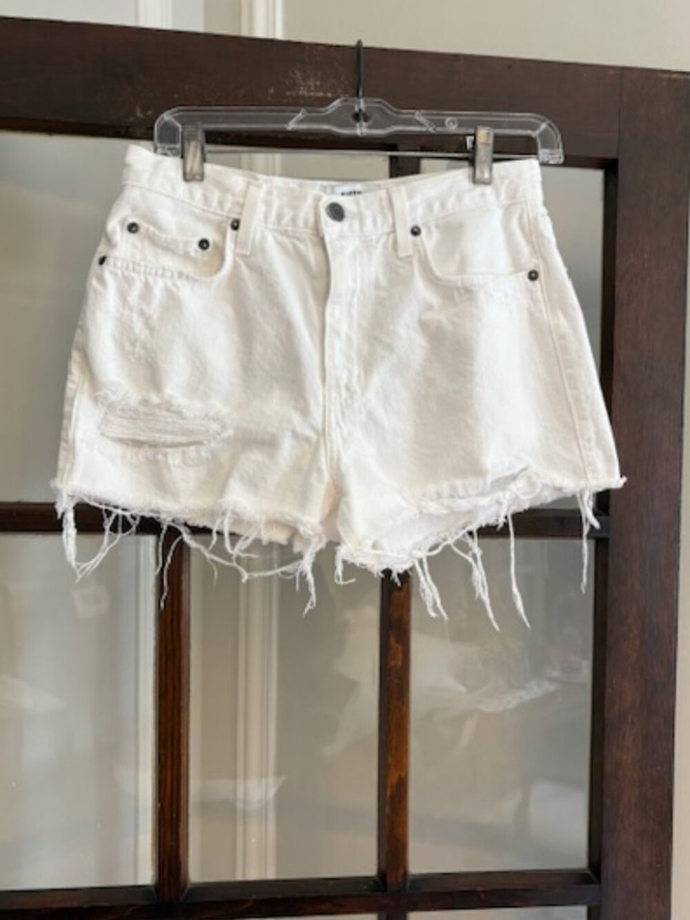 Pistola White Denim Cut-Off Shorts with Distressed Hem, Size 28